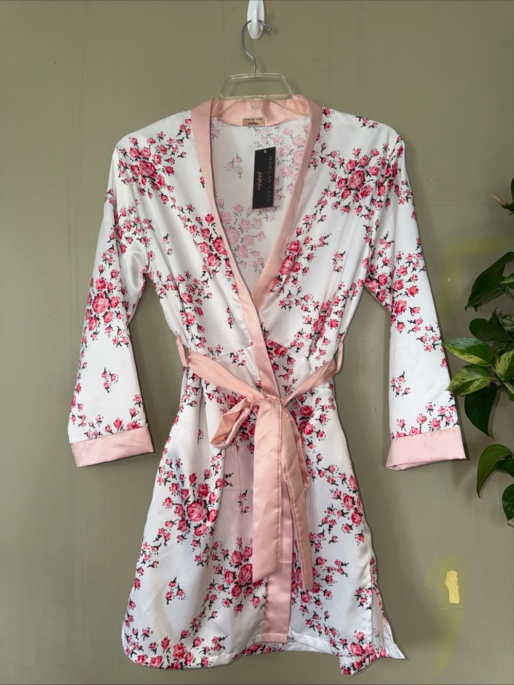 Women's Floral Satin Trim Robe - Pink/White